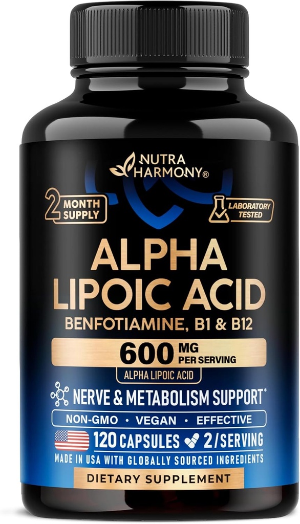 Alpha Lipoic Acid 600mg - ALA Supplement Antioxidant for Nerve, Energi & Metabolisme Support - Ekstra styrke med benfotiamin, B1 & B12 - Lab testet, Non- GMO & Vegan - 120 kapsler, 2 måneders forsyning