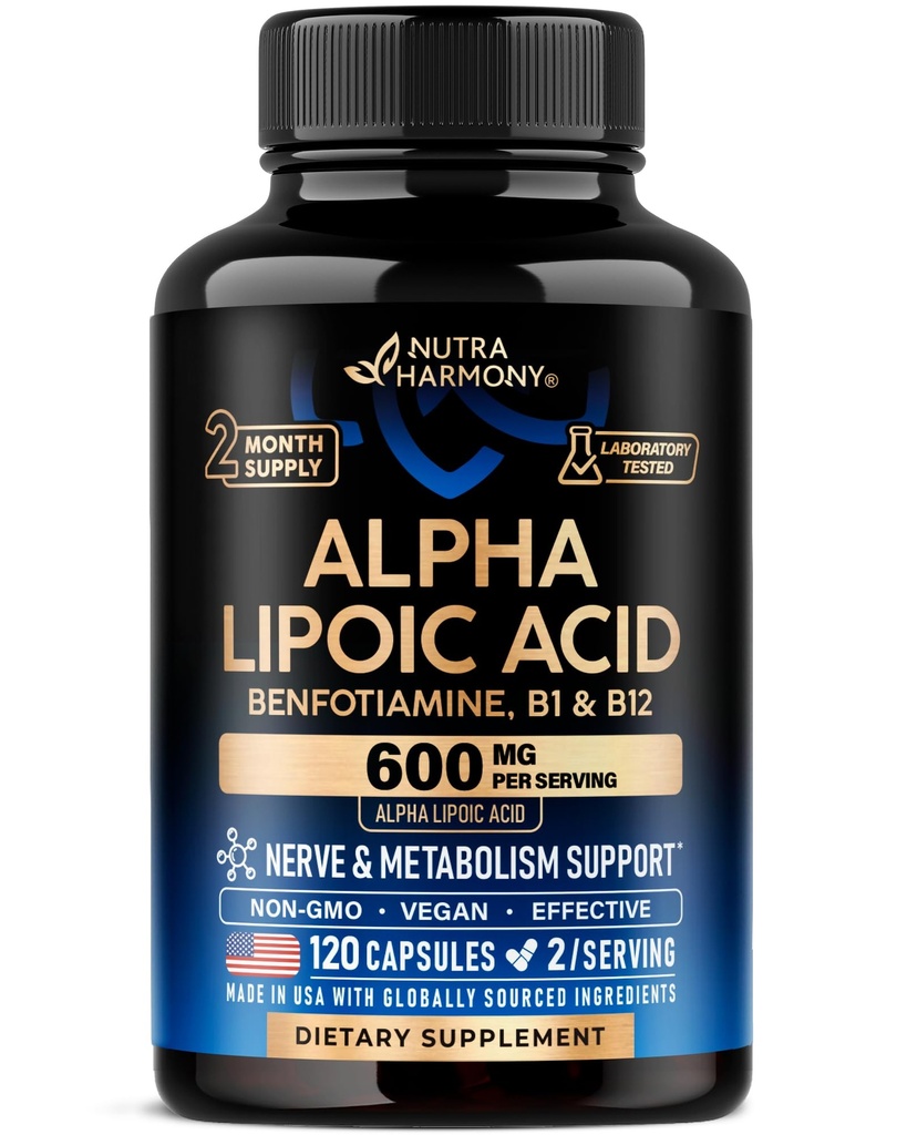 Alpha Lipoic Acid 600mg - ALA Supplement Antioxidant for Nerve, Energi & Metabolisme Support - Ekstra styrke med benfotiamin, B1 & B12 - Lab testet, Non- GMO & Vegan - 120 kapsler, 2 måneders forsyning