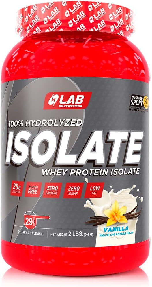 Lab Nutrition - Whey Protein Isolate 100% Hydrolyzed, 100% Whey Protein Powder, Lean Muscle Building Powder Præsentation, Gluten og sukker fri, 29 Servere, 2 Lbs - Vainilla Flavored