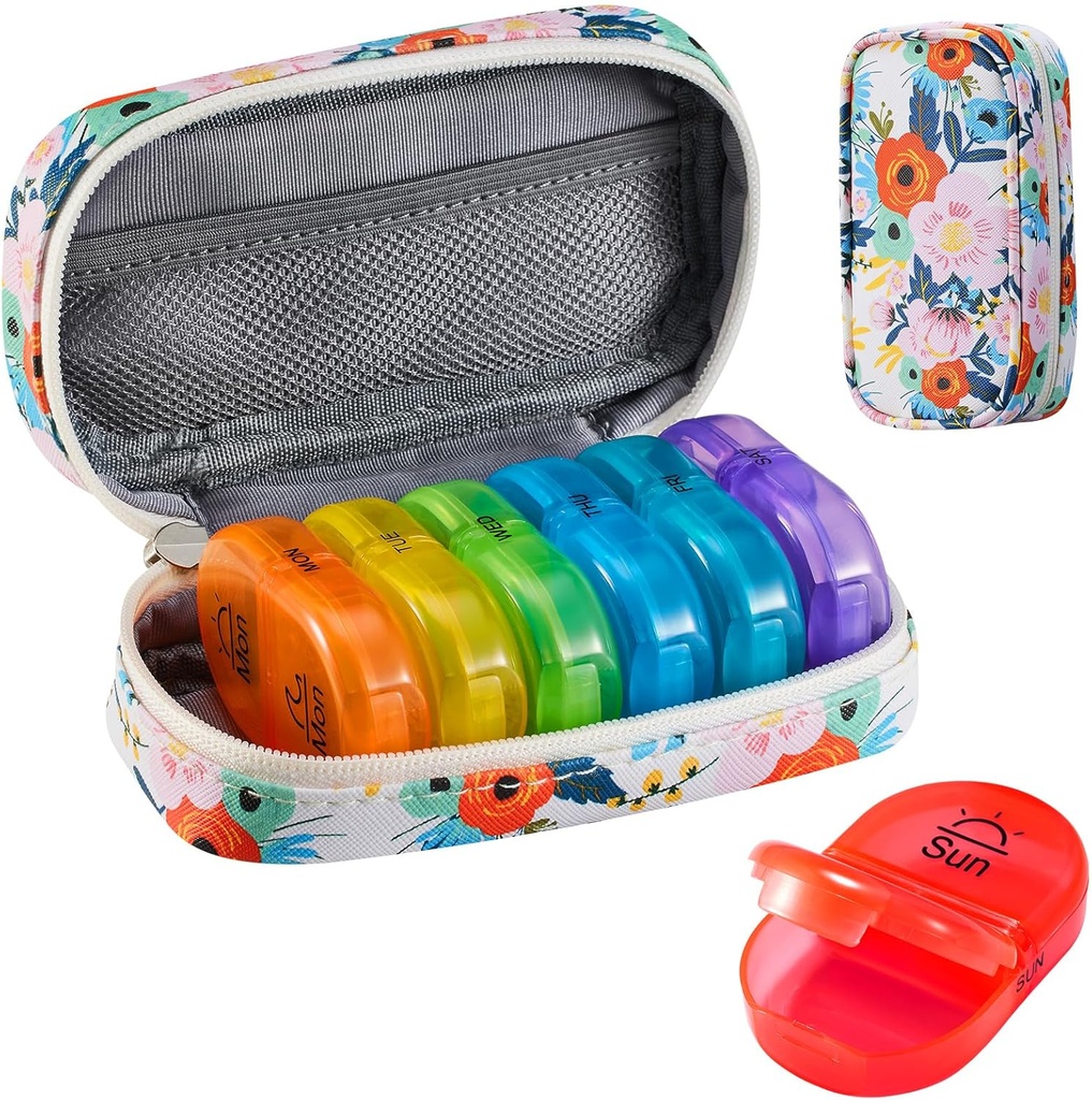 Serfeymi Weekly Travel Pill Organizer 2 gange en dag PM opgraderet Rainbow Pill Box 7 dag med transportabel lynlås PU læderpille sag, Medicin Organizer til piller, Vitaminer, fiskeolier - Floral 03