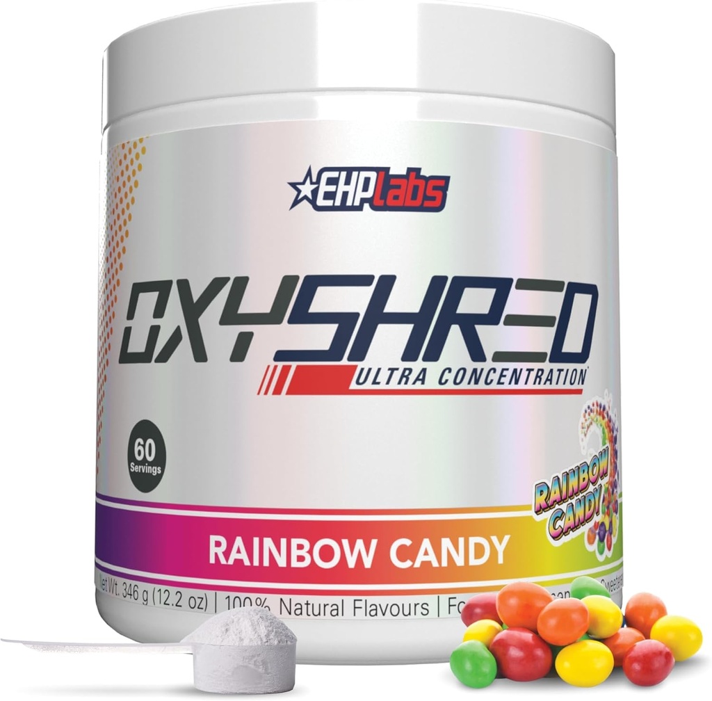 EHP Labs Oxyshred Pre Workout Powder - Preworkout Powder med L Glutamin & Acetyl L Carnitin, Energy Boost Drink - Rainbow Candy, 60 Servere