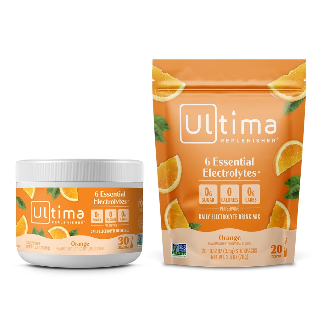Ultima Replenisher Electrolyte Powder Drink Bundle - Sugar Free - Orange, 30 Serving Canister og 20 Stickpacks - 6 Electrolytes and Minerals - Keto Friendly, Vegan, Non- GMO