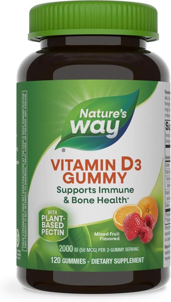 Nature 's Way Vitamin D3 Gummies, Understøtter Immunation og Knoglehelbred *, 2000 IE (50 mcg) per 2- gummy Serving, Vitamin D3 2000IE per 2 Gummies, blandet frugt smag, 120 Tæl