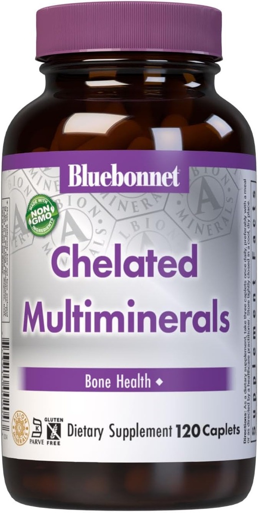 Bluebonnet Nutrition High Potency Chelated Multimineraler, Albion Chelated Minerals, Soy- Free, Gluten- Free, Non- GMO, Kosher Certified, Dairy- Free, 120 Caplets, 40 Servere