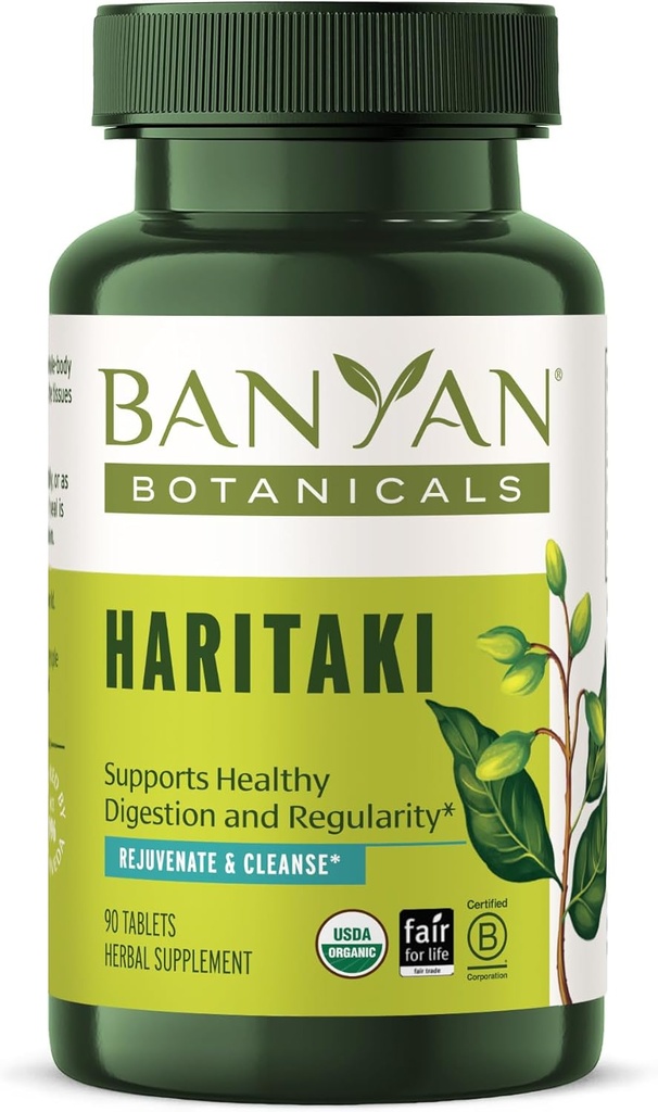 Banyan Botanicals Haritaki Tablets - Certified Organic Terminalia Chebula - Understøtter afgiftning og foryngelse * - 90 Tablets - Ikke-GMO bæredygtigt sour Certified Fair for Life Fair Trade