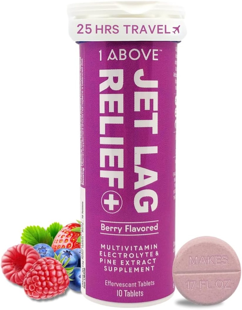 1Over Jet Lag Relief tabletter - Berry- Flavored Effervescent Multivitamin med Pycnogenol Travel Supplement for Hydration, Energi, immunforsvar og hurtigere inddrivelse - Flyvevæsentlige, 10 tabletter
