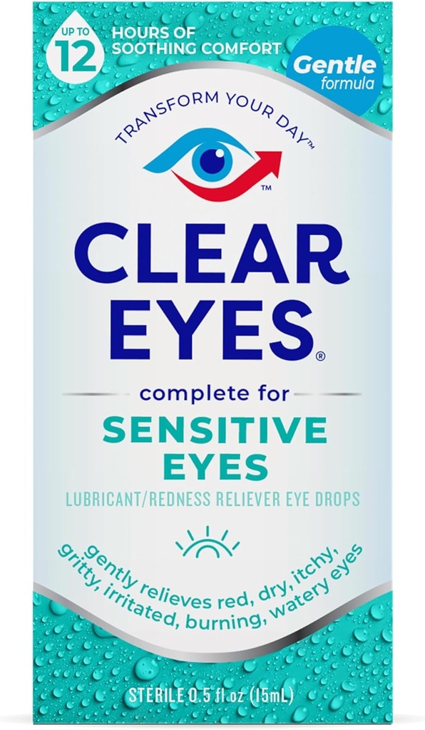 Clear Eyes Sensitive Eye Drops - genert relief for røde, Itchy, tørre øjne, 12 timer af beroligende Comfort, 0.5 Fl Oz