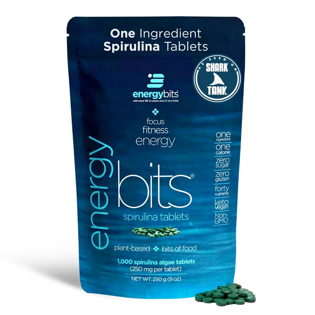 ENERGYBITS - Organic Spirulina Tablets - Plantbaseret Algae Superfood - for Focus, Fitness, Energy - Plant Protein - Gluten Free - Collagen, Vitamin B12, Omega 3 - Keto & Vegan - 1000 Algae Tablets