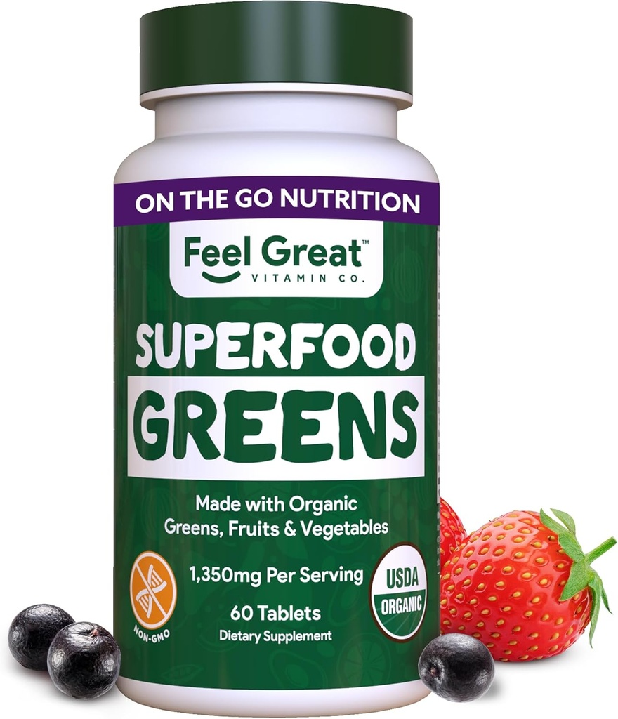Feel Great Vitaminer Super Green Tabletter Buddha 124; Økologiske Grønne, Frugt og Veggies Supplement Buddha 124; Frugt og Veggie tillæg med Kale, Spinach Uddrag, Grøn Løg, og mere, 60 Tabletter