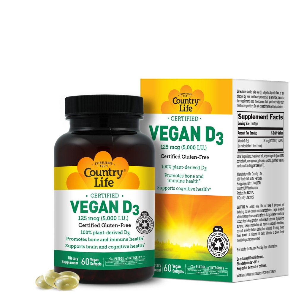 Country Life Vegan D3 5000 IE - Plant- Derived Vitamin D3 fra Lichen - High Potency Immuno & Bone Support - Certificeret Vegan, Gluten- Free, Non- GMO - 60 Softgels