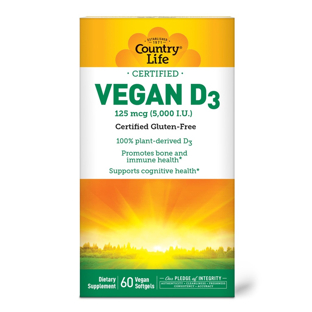Country Life Vegan D3 5000 IU – Plant-Derived Vitamin D3 from Lichen – High Potency Immune & Bone Support – Certified Vegan, Gluten-Free, Non-GMO – 60 Softgels
