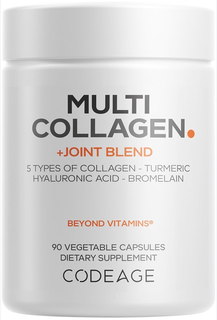 Codeage Multi Collagen Protein + Joint Blend Supplement, Hyaluronic Acid, Bromelain, Turmeric, Ginger, Boswellia, Astaxanthin - Hydrolyzed Bovine Collagen - 5 Collagen Types - Non-GMO - 90 Capsules