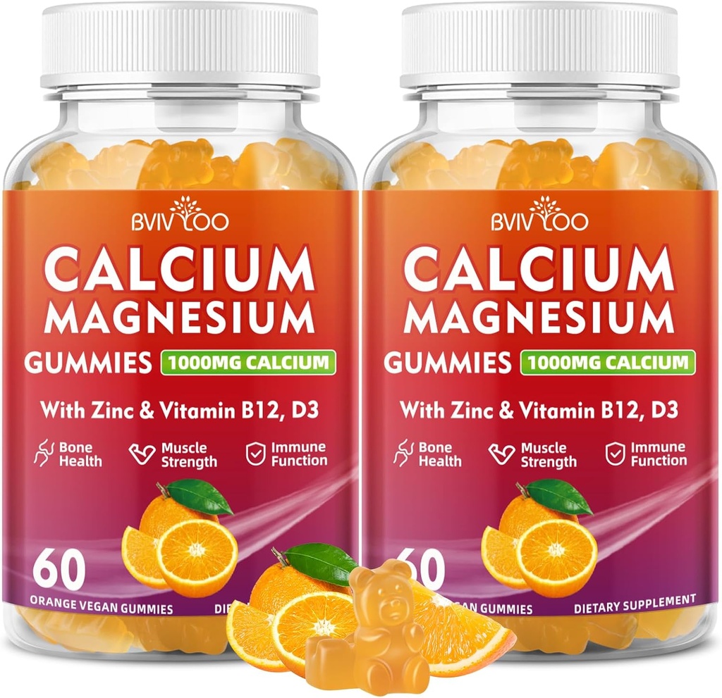 2 Pack Calcium Gummies 1000mg med vitamin D3 K2 & B Complex, Kalium, Calcium Magnesium Zinkgummier til ben, Muskel, Mood og Immunitet - Orange Flavor 120 Gummies