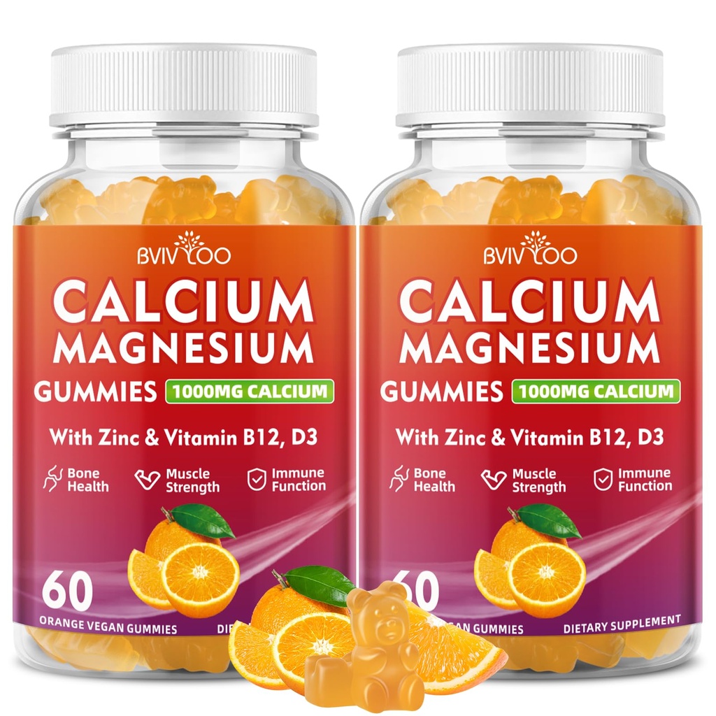 2 Pack Calcium Gummies 1000mg med vitamin D3 K2 & B Complex, Kalium, Calcium Magnesium Zinkgummier til ben, Muskel, Mood og Immunitet - Orange Flavor 120 Gummies