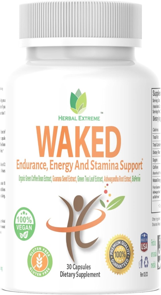 Waked Endurance, Energy and Stamina Support 30 Kapsler Organic Green Coffee Bean Extract, Guarana Seed Extract, Green Tea Leaf Extract, Ashwagandha Root Extract, og Black Pepper Extract som BioPerine