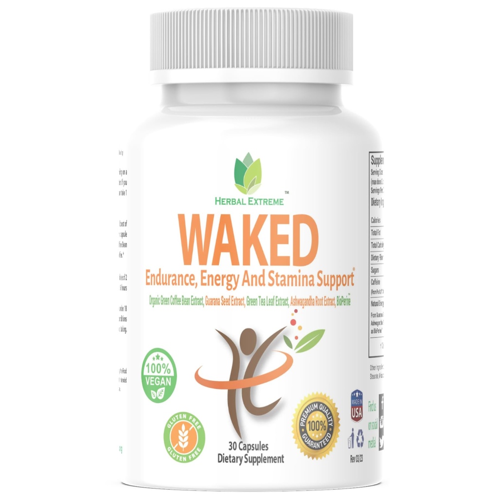 Waked Endurance, Energy and Stamina Support 30 Kapsler Organic Green Coffee Bean Extract, Guarana Seed Extract, Green Tea Leaf Extract, Ashwagandha Root Extract, og Black Pepper Extract som BioPerine