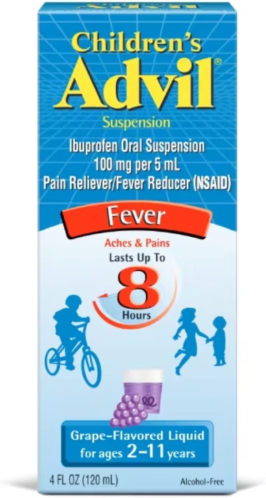 Børn Advil Suspension Ibuprofen 100mg Fast Pain Reliever og Feber Reducer Sidste op til 8 timer Grape Flavor Væske i alderen 2 til 11 år - 3 pakke med 4 FL Oz flasker