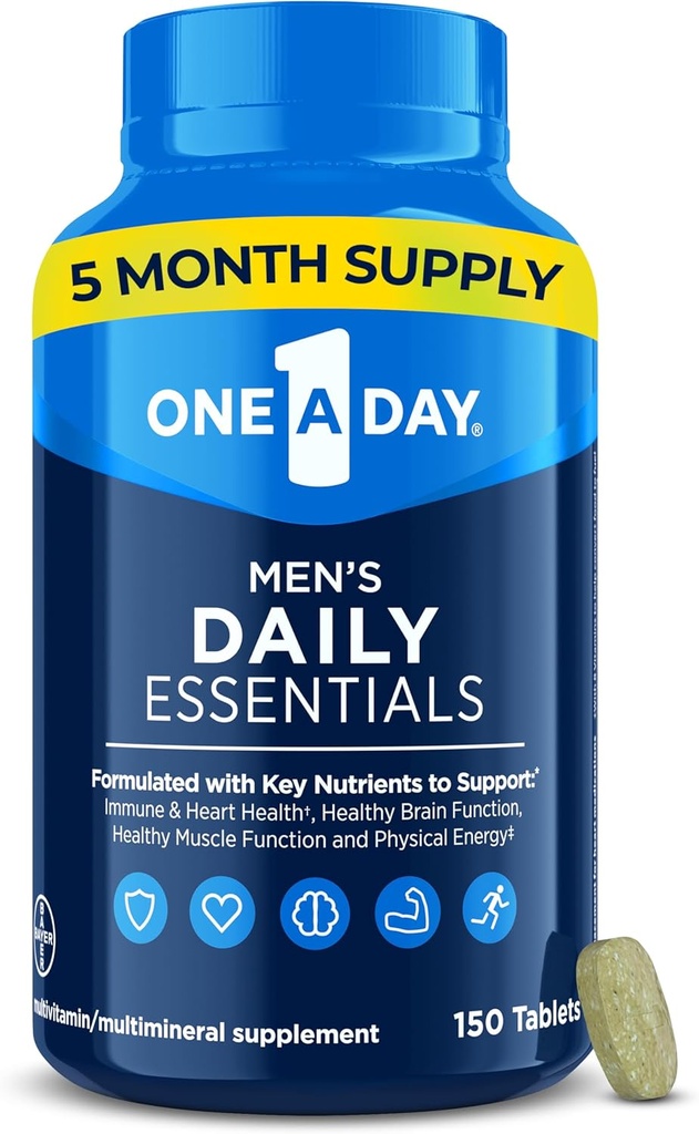 One A Day Mænds Multivitamin Daily Essentials, Multivitamin til mænd Tablet, Understøtter sund muskelfunktion, fysisk energi, og immunforsvar med vitamin B12, C-vitamin og zink, 150 Tæl