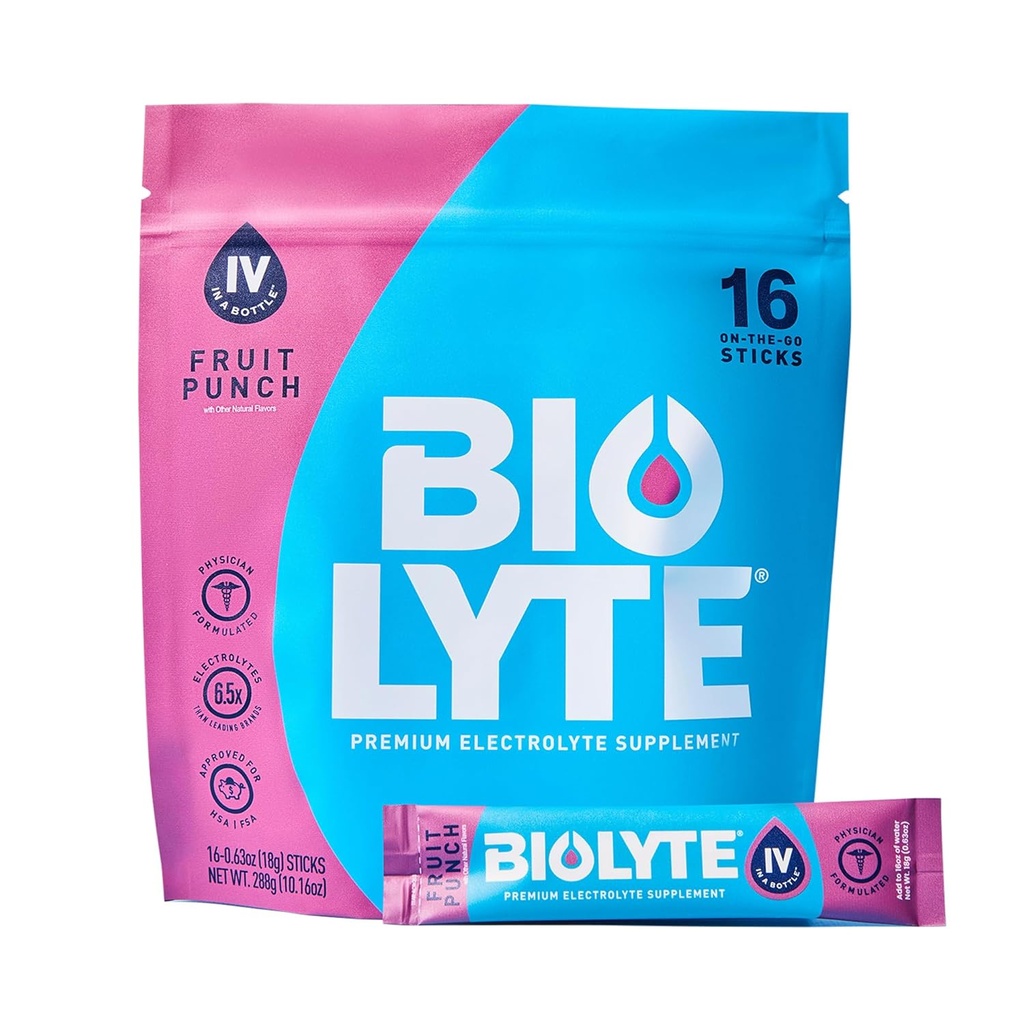 BIOLYTE IV Electrolyte Powder Packets, IV flydende drik mix til vand, Doctor- Udviklet hydrering, HSA & FSA Godkendte dehydrering Relief, Kemoterapi skal hugge for kvinder, Men- Fruit Punch (16 sticks)
