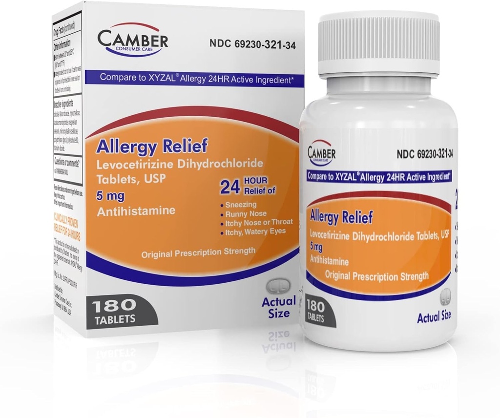 Camber Consumer Care Levoctirizine Dihydrochlorid 5mg Antihistamin Tablets, Allergy Relief Medicine (180 Tæl)