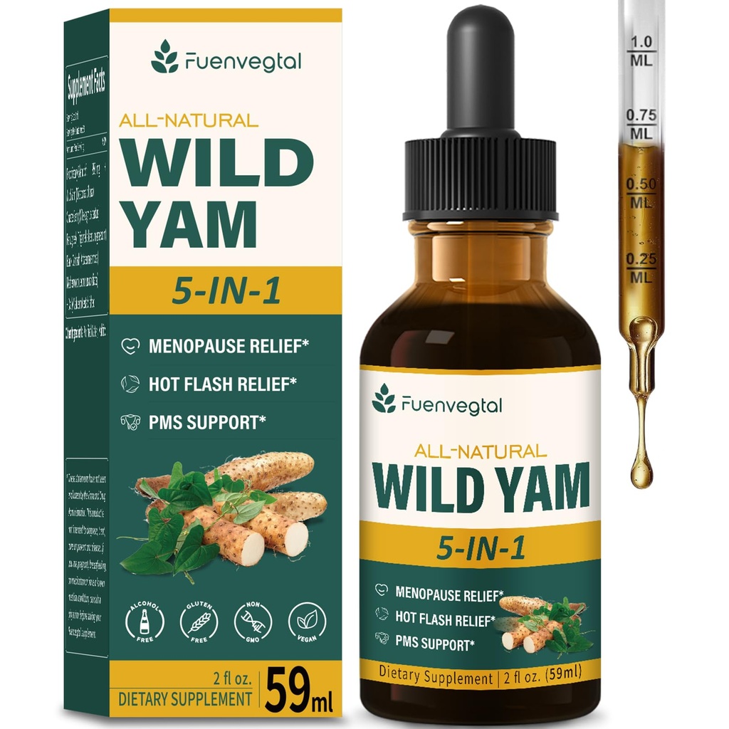 Wild Yam Root Extract Drops, Kvindetillæg med Fenugreek & Motherwort Herb til menopause Relief & PMS support. Fenogreco y Ñame Salvaje para la Menopausia. 2oz