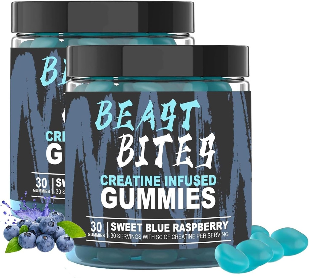 DYALE Beast Bites Creatinine Bites - 5g Creatinine Monohydrat Per Serving - Ingen sukker eller kunstige farver - Low- Calorie, Vegan & Halal - Blå Raspberry Flavor - 30 Gummies (2stk)