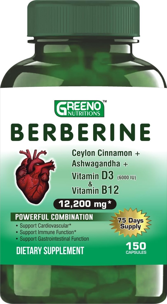 Berberine 12200mg med Ceylon Cinnamon Ashwagandha vitamin D13 + vitamin B12 immunhjertestøtte - 75 dages forsyning -150 greve (pakke med 1)
