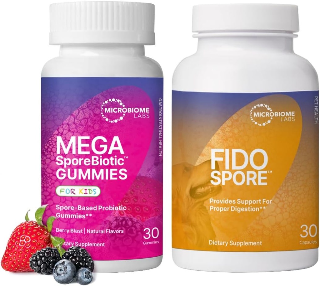 Mikrobiome Labs Kids & Pet Probiotic Bundle - MegaSporeBiotic for Children + FidoSpore Sporebaseret Probiotika til hunde og katte