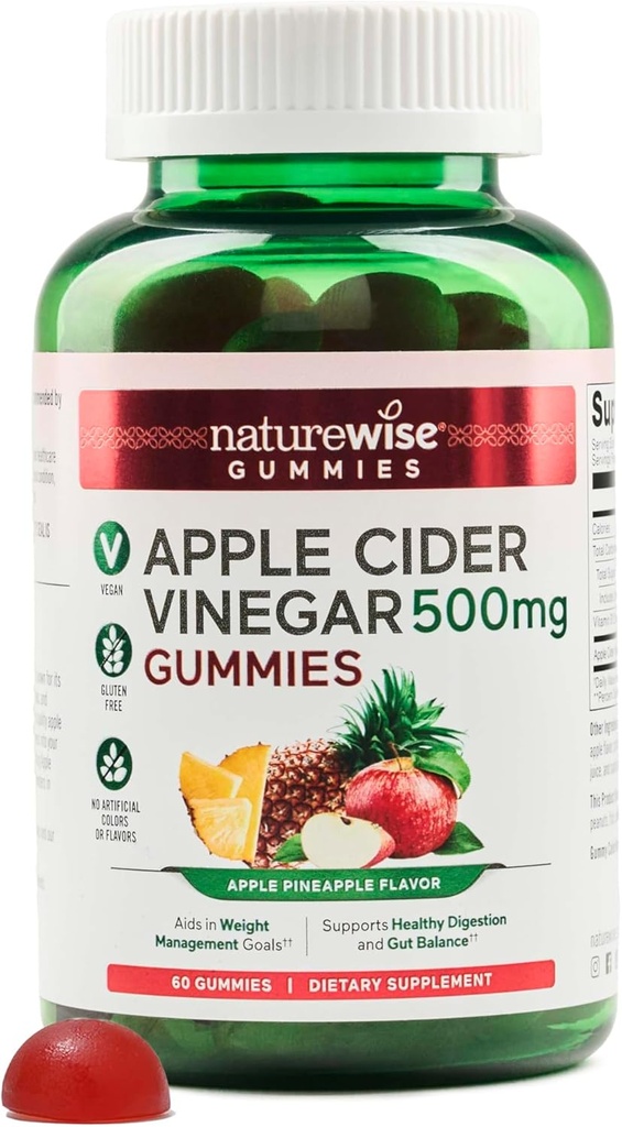 NatureWise Apple Cider Vinarea Gummies - 1000mg ACV per 2 + vitamin B12 - Pectin baseret Vegan, Gluten- fri, Non- GMO - 60 Greve [30- dag Tilgang til 1000mg eller 2- måned Tilgang til 500mg]