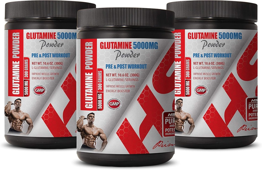 Bedste supplement til muskelpumpe - PRE & Post workout - GLUTAMINE Powder 5000MG - glutamindiæt - 3 Cans 900 Bedste