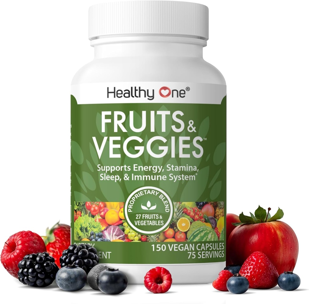 Healthy One Fruits & Veggies - 27 Balanced Whole Foods of Nature - Vitamins - Minerals - Antioxidants - Detox - Vegetables - Kale - Broccoli - Spinach - Beets - Raspberries - Multivitamin - 75 Serving