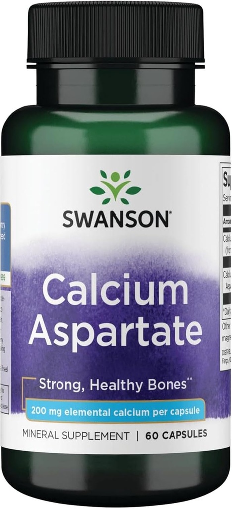 Swanson Calcium Aspartat - Urtetilskud Fremme ben, hjerte, & muskel sundhed - Naturlig formel Fremme Total Body Wellness - (60 Capsules- 200mg Hver)