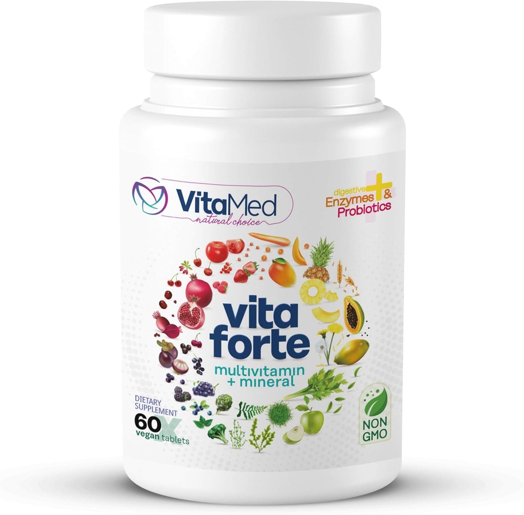 Vita Forte Vegan Multivitamin med probiotika, fordøjelsesenzymer & 42 Frugter & Grøntsager - Halal Certified, Non- GMO, Gluten- Free, Daily Energy & immunsupport - 60 Veganske tabletter