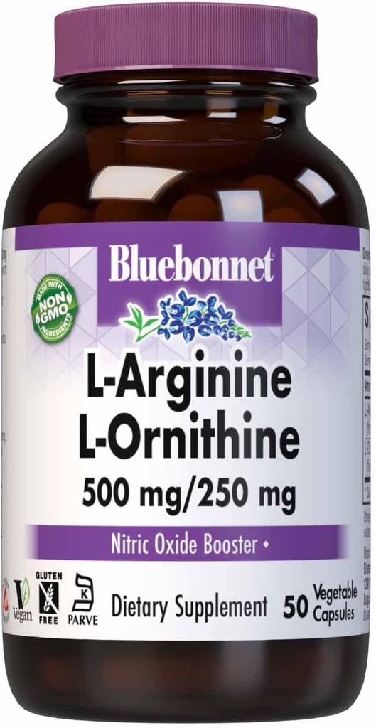 Bluebonnet Nutrition L- Arginin 500mg / L- Orinithin 250 mg, Understøtter Protein Metabolisme *, Soy- Free, Gluten- Free, Non- GMO, Kosher Certified, Vegan, 50 Vegetabilske kapsler, 50 Servere