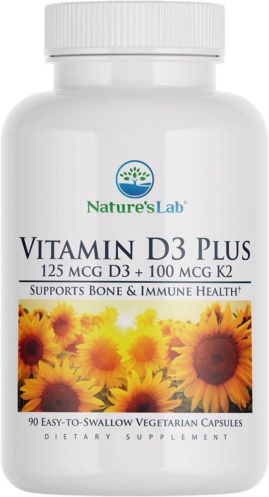 Nature 's Lab Vitamin D3 Plus - Indeholder vitaminer D3 og K2 (MK7) til immunforsvar, sunde knogler og hjerte-kar-sundhed * - Gluten fri, ikke GMO - 90 kapsler (3 måneders forsyning)