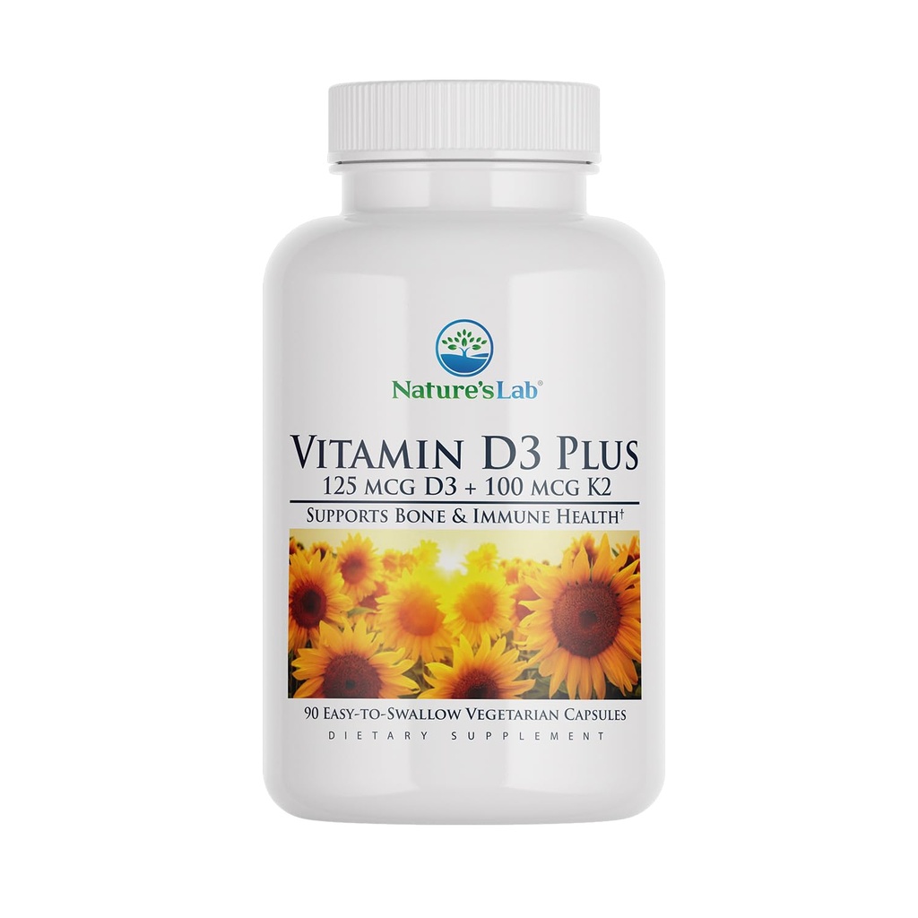 Nature 's Lab Vitamin D3 Plus - Indeholder vitaminer D3 og K2 (MK7) til immunforsvar, sunde knogler og hjerte-kar-sundhed * - Gluten fri, ikke GMO - 90 kapsler (3 måneders forsyning)