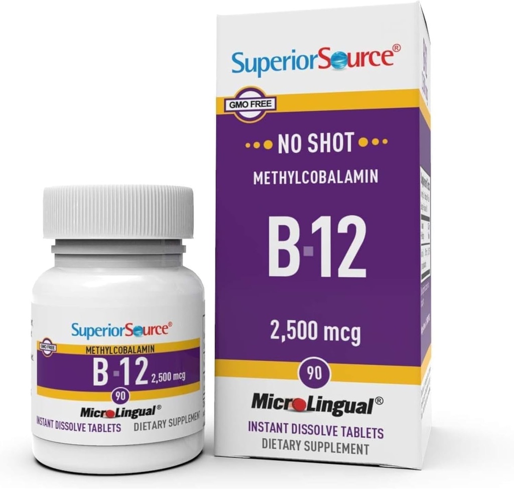 Superior Source No Shot Vitamin B12 Methylcobalamin 2,500 mcg, Quick Dissolve MicroLingual Tablets, 90 Count, Active Form of B12, Supports Energy Production, Nervous System Support, Non-GMO