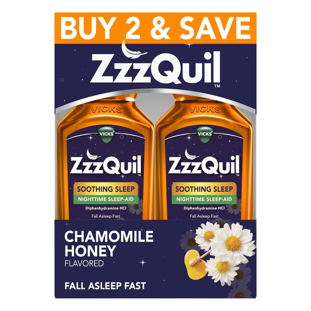 ZzzQuil Liquid Sleep Aid, Lindrende Sleep, Diphenhydramin 50mg HCl, Kamille Honey Flavored, Nighttime Sleep Aid Liquid, Sleep Aid for Voksnes, 2 Pack, 24 FL OZ