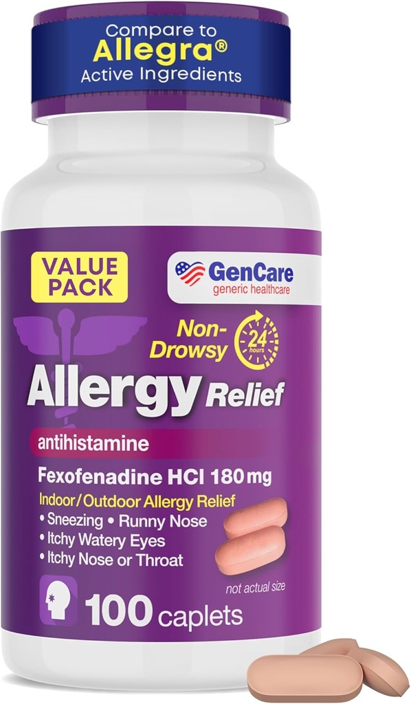 GenCare Allergi Relief Pills - Fexofenadin 180 mg 24 timer Non- Drowsy Allergy Medicine Antihistamin, Sammenlign med Allegra 24 timer Non- Drowsy Pills for Itchy Eyes, Runny Næse, Hives (100 Greve)