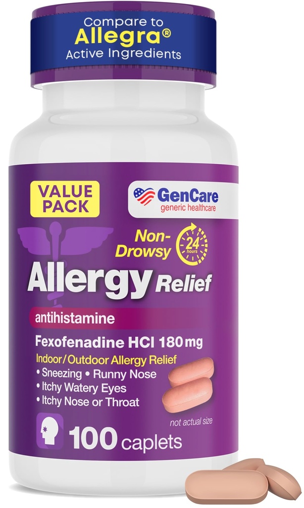 GenCare Allergi Relief Pills - Fexofenadin 180 mg 24 timer Non- Drowsy Allergy Medicine Antihistamin, Sammenlign med Allegra 24 timer Non- Drowsy Pills for Itchy Eyes, Runny Næse, Hives (100 Greve)