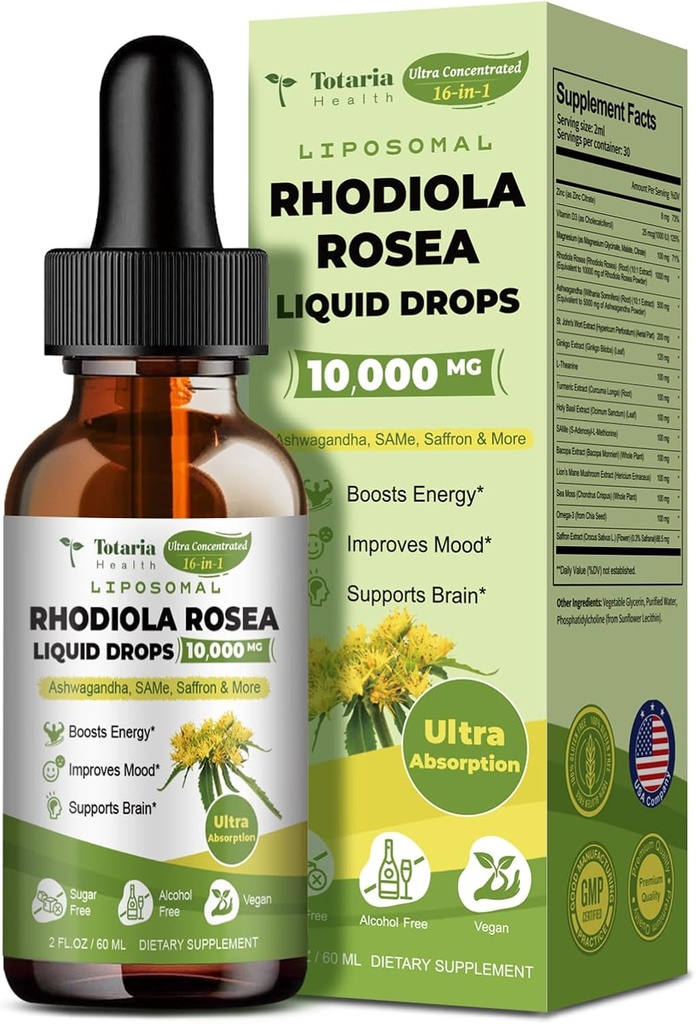 Totaria Liposomal Rhodiola Rosea Tinktur 16 i 1, w / Ashwagandha, L-Theanine, Saffron, Ultra Strength Cortisol Supplement med Rhodiola Rosea, Magnesium
