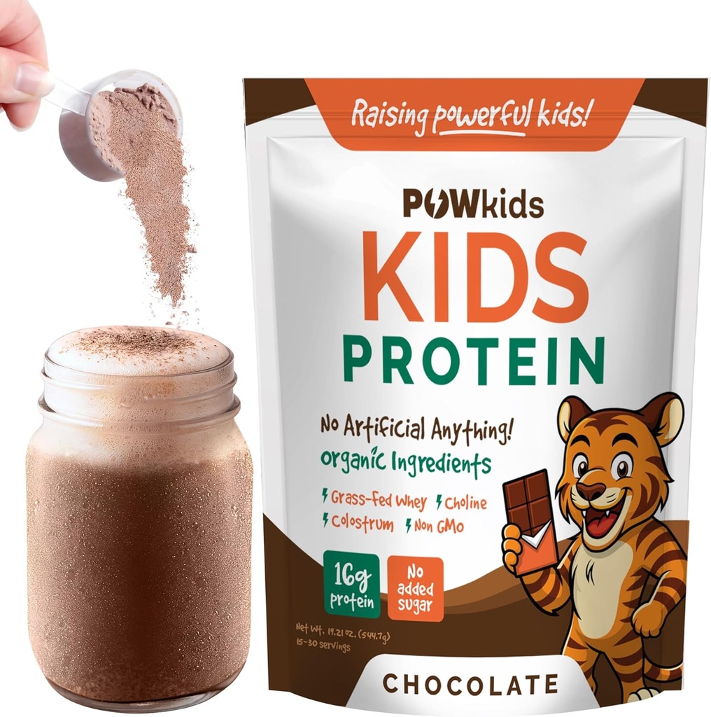 Kids Protein Shake Powder 16g - Zero Sugar, Organic Ingredients, Grass- Fed Whey Proteins - Calcium & Cholin for ben styrke & hjerne udvikling, Protein Shake, 15-45 Servering - Chokolade