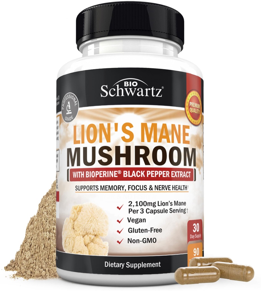 BioSchwartz Organic Lions Mane- supplement kapsler (90 Greve) 2100mg Lions Man- svampe med BioPerine til Max Absorption, Active Compound Verified, Nootrop Brain Supplements for Memory and Focus