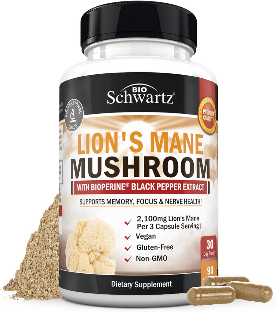 BioSchwartz Organic Lions Mane- supplement kapsler (90 Greve) 2100mg Lions Man- svampe med BioPerine til Max Absorption, Active Compound Verified, Nootrop Brain Supplements for Memory and Focus