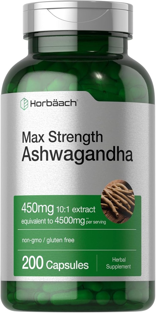 Horbäach Ashwagandha Supplement: 124; Max Styrke: 124; 200 Kapsler: 124; for kvinder og mænd: 124; Non- GMO, Gluten Free