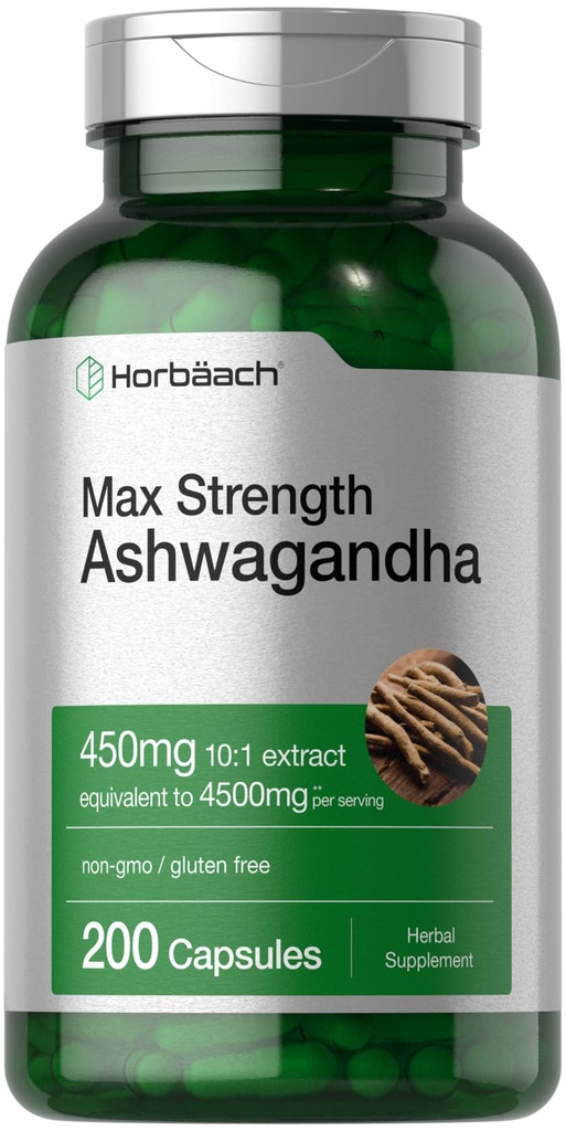 Horbäach Ashwagandha Supplement: 124; Max Styrke: 124; 200 Kapsler: 124; for kvinder og mænd: 124; Non- GMO, Gluten Free
