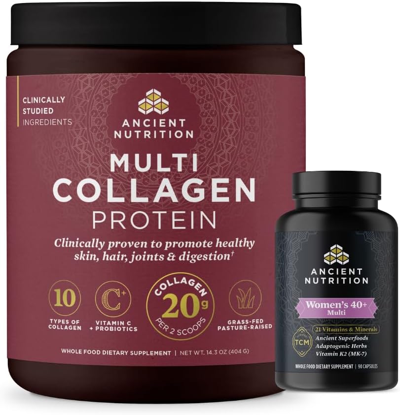 Ancient Nutrition kvinders Multivitamin 40 + En gang dagligt, 30 greve + Multi Collagen Protein Powder, Unflavored, 40 Servere