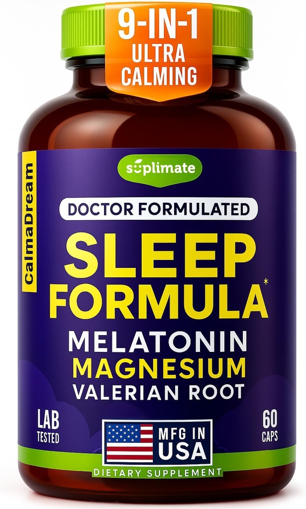 9-in-1 Melatonin Sleep Aid til voksne - USA Made, Lab Testet med Melatonin 5mg og 108mg Magnesium til søvn - TRAACS, Ashwagandha, Valerian Root, GABA, 5htp, Urtebad Supplement, Vegan, 60 Caps