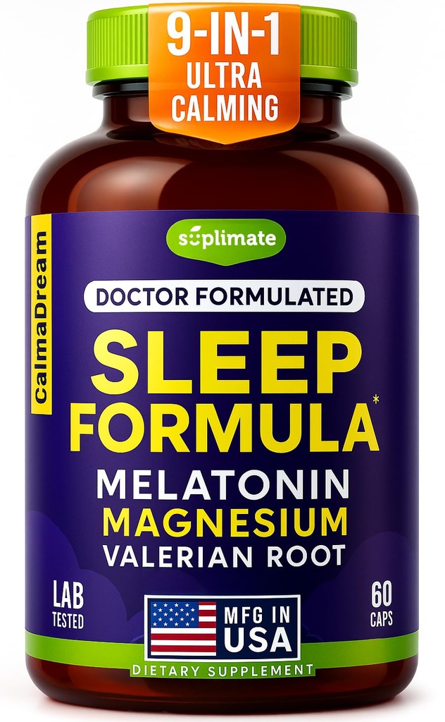 9-in-1 Melatonin Sleep Aid til voksne - USA Made, Lab Testet med Melatonin 5mg og 108mg Magnesium til søvn - TRAACS, Ashwagandha, Valerian Root, GABA, 5htp, Urtebad Supplement, Vegan, 60 Caps