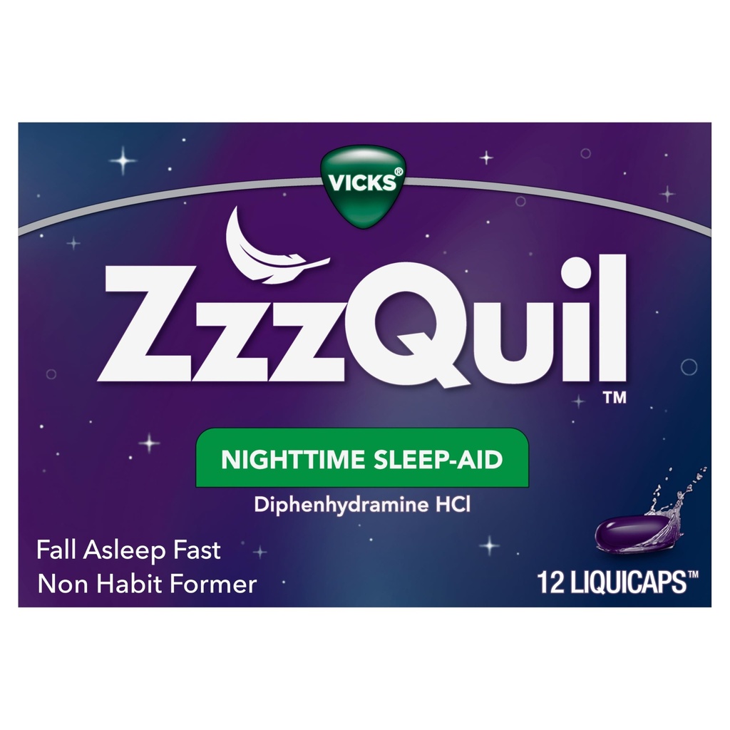 ZzzQuil, Nighttime Sleep Aid LiquiCaps, 25 mg Diphenhydramin HCl, No. 1 Sleep- Aid Brand, Non- Habit Forming, Fall Assapy Fast, 12 Greve